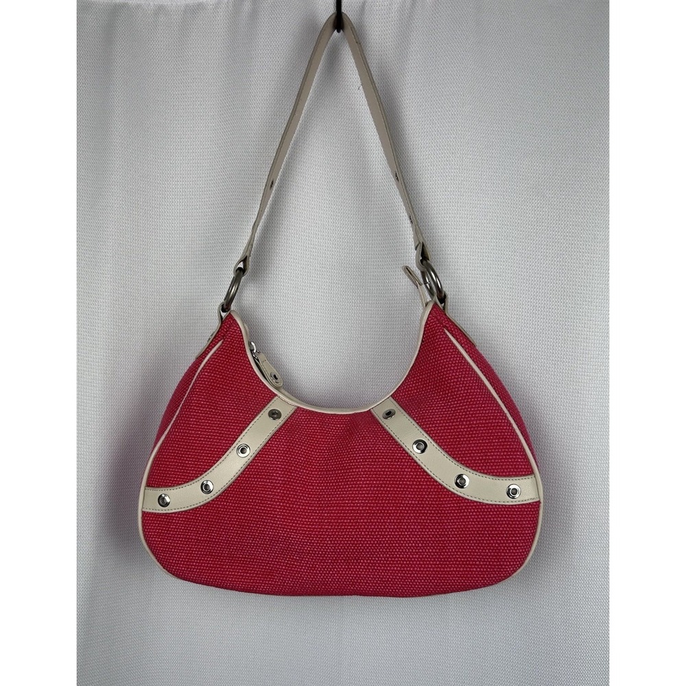 Vintage Stone Mountain Hobo Bag Y2K Hot Pink Canvas Cream Leather Grommet 2000s